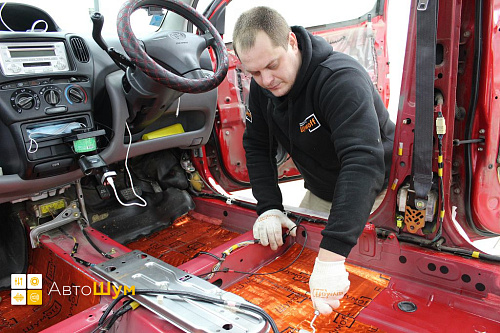 Клеим Шумофф М3 на пол Тойота Функарго