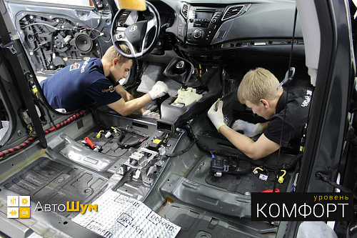 Клеим Шумофф М3 первым слоем на пол Хендай I40.